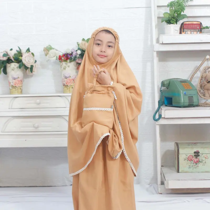 Mukena Anak Wanita Si Kembar Katun Renda Rajut Polos Muslim Baju Syari Setelan - YUSIKU - Gamis, Remaja 7