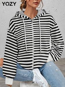YOZY Women's Striped Print Drop Shoulder Zip Up Hoodie, Casual Long Sleeve Drawstring Hooded Sweatshirt for Spring & Fall, Women's Clothes for Daily Wear