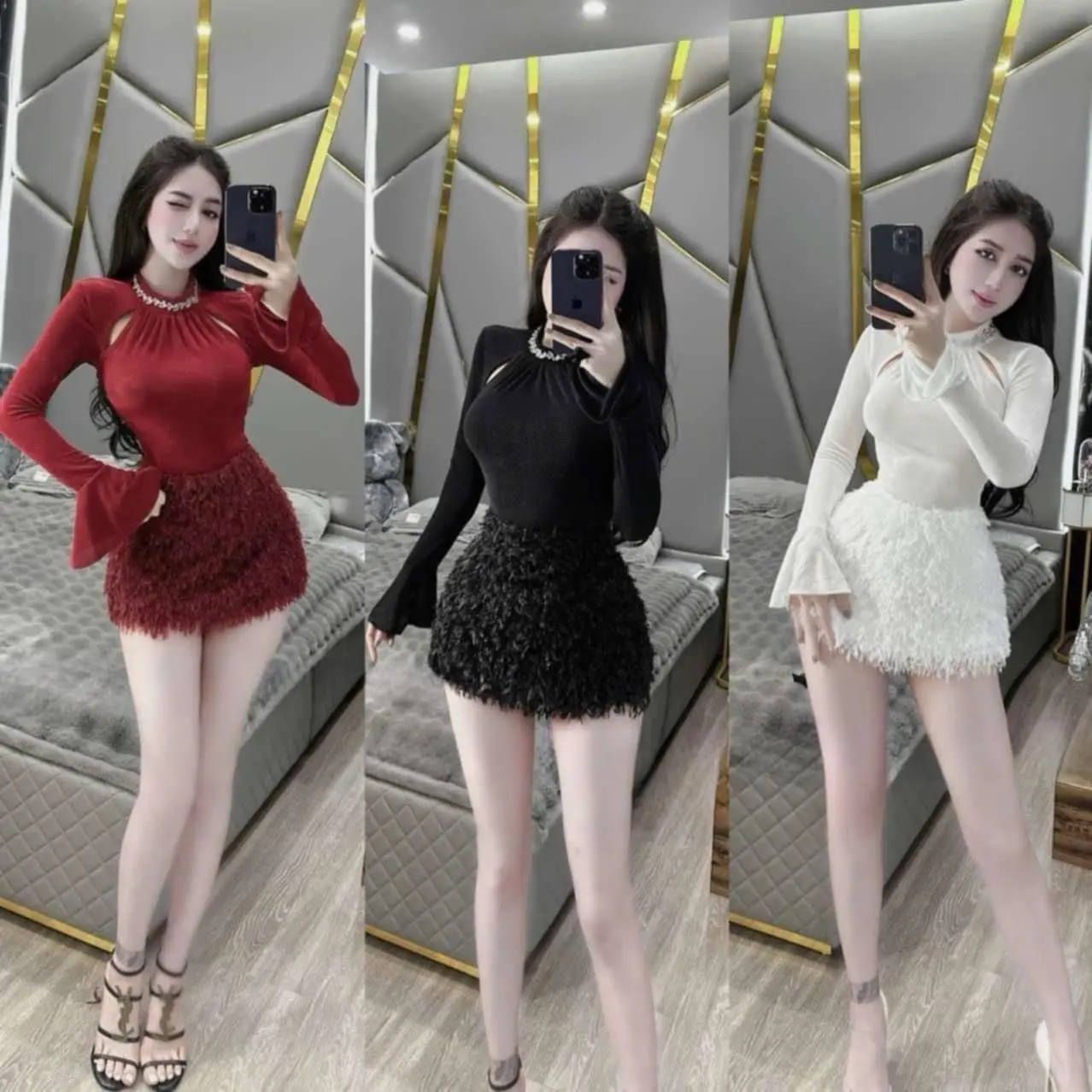 Set áo đính đá cổ mix váy lông sang chảnh,tiểu thư. Women Dress