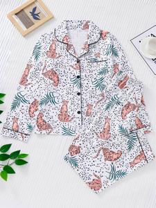 Two-piece Set Women's Zebra Print Button Front Shirt & Elastic Waist Pants Pyjama, Casual Comfy Lapel Neck Long Sleeve Top & Trousers Pj Set, Pyjamas for Women, Women's Sleepwear for Spring & Fall, Pyjamas for Women