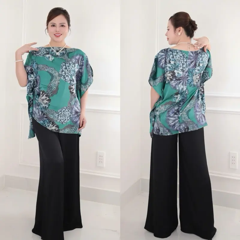 ( Hàng Cao Cấp ) Set Đồ bộ trung niên cách điệu, đồ bộ cho mẹ,áo kiểu, quần dài ống rộng , chất lụa lattin cao cấp CC36 Nữ Women Ong Top Voi Jacket Polo 8