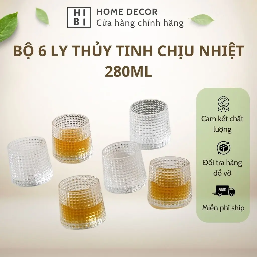 Bộ 6 ly thủy tinh chịu nhiệt - 280ml, cốc thủy tinh xoay 360 độ cao cấp sang trọng - Hibi
