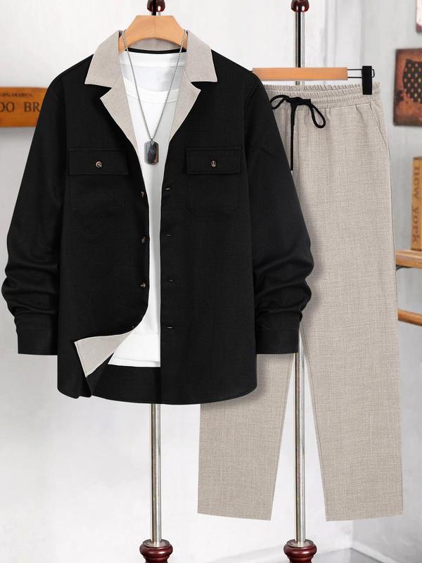 Men's Solid Button Front Longsleeves Shirt & Drawstring Waist Pants Set, Regular Fit Long Sleeve Lapel Neckline Top & Pocket Trousers, Casual Fashion Cozy Breathable Men Two-piece Outfits for Fall & Winter 6