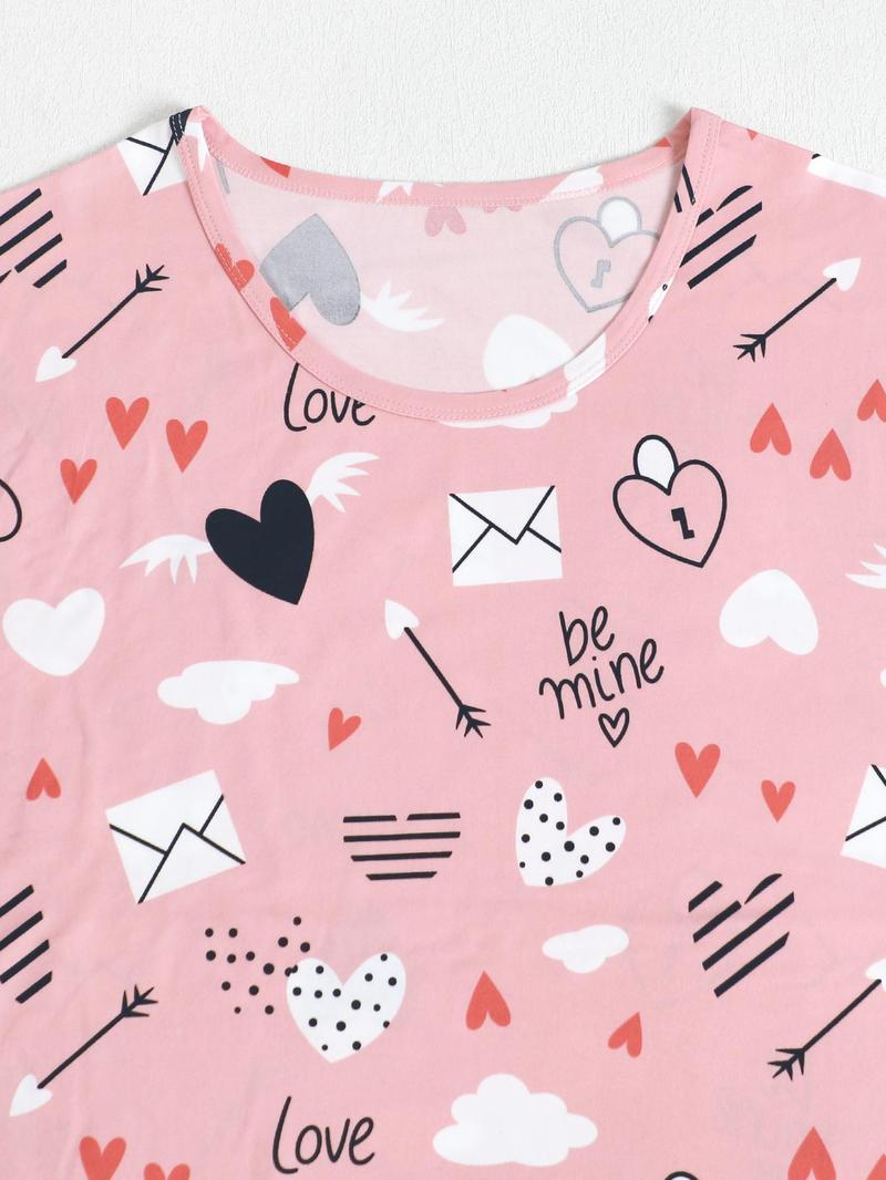 Product Introduction of Plus Size Heart & Envelope Print Long Sleeve Tee & Pants Pyjama Two-piece Set, Casual Comfy Round Neck Top & Trousers PJ Set, Women's Sleepwear for Fall & Winter 2