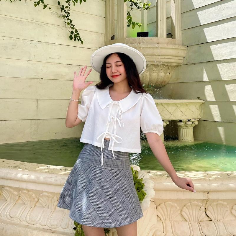 (Ảnh thật)Áo croptop tay phồng cột nơ 1