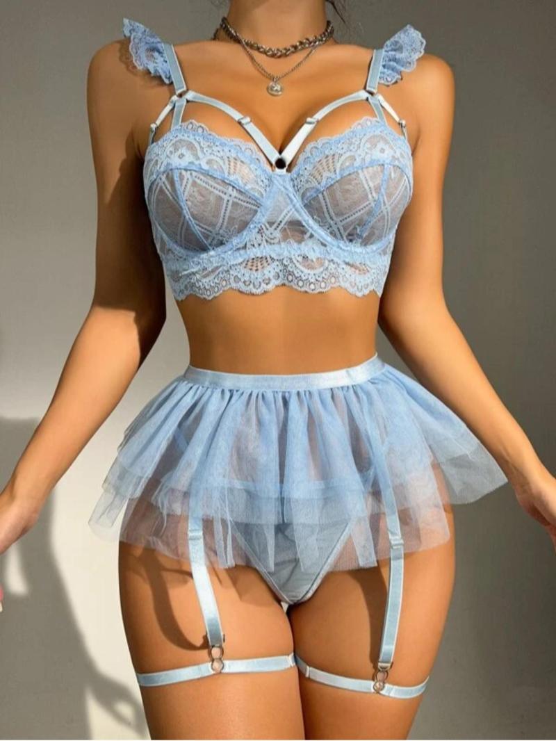 Product Introduction of "Sensual Lace Lingerie Set: Cut-Out Bra, Thong & Garter Belt with Thigh Ring - Perfect Valentine's Day Gift for Her" Womenswear Comfort Bridal Pink 8