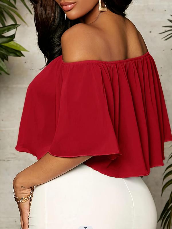 Women's Plain Off Shoulder Ruffle Trim Chiffon Crop Blouse, Elegant Butterfly Sleeve Top for Summer, Ladies Clothes for Daily Vacation Outdoor Wear 5