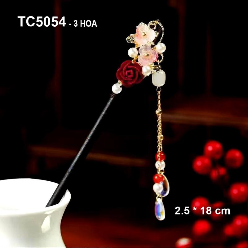 GOTI Trâm Cài Tóc Búi Thân Gỗ Hình Hoa Hoa Hồng Đỏ Phối Hạt Tua Rua Phong Cách Hán Phục Cổ Trang Cổ Điển Hiện Đại Dành Cho Nữ TC5054