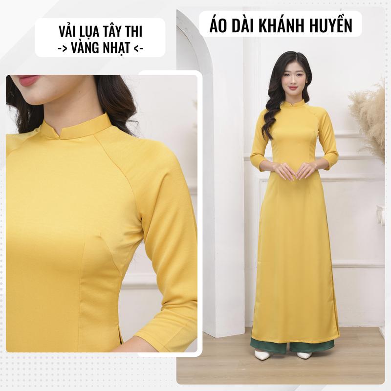 Áo dài nữ màu vàng trơn truyền thống, vải lụa tây thi cổ cao 2cm thiết kế 2 tà - Áo Dài Khánh Huyền