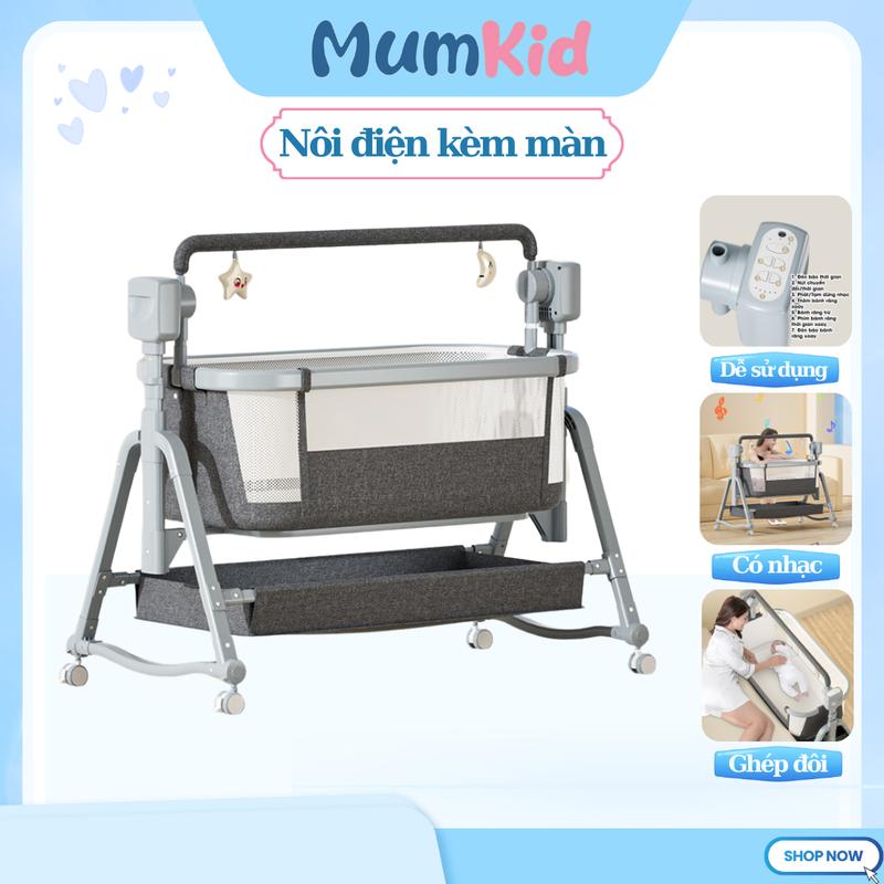 Nôi điện cho bé MumKid, nôi ghép giường, nôi tự động rung có nhạc tùy chỉnh độ cao MK23-058