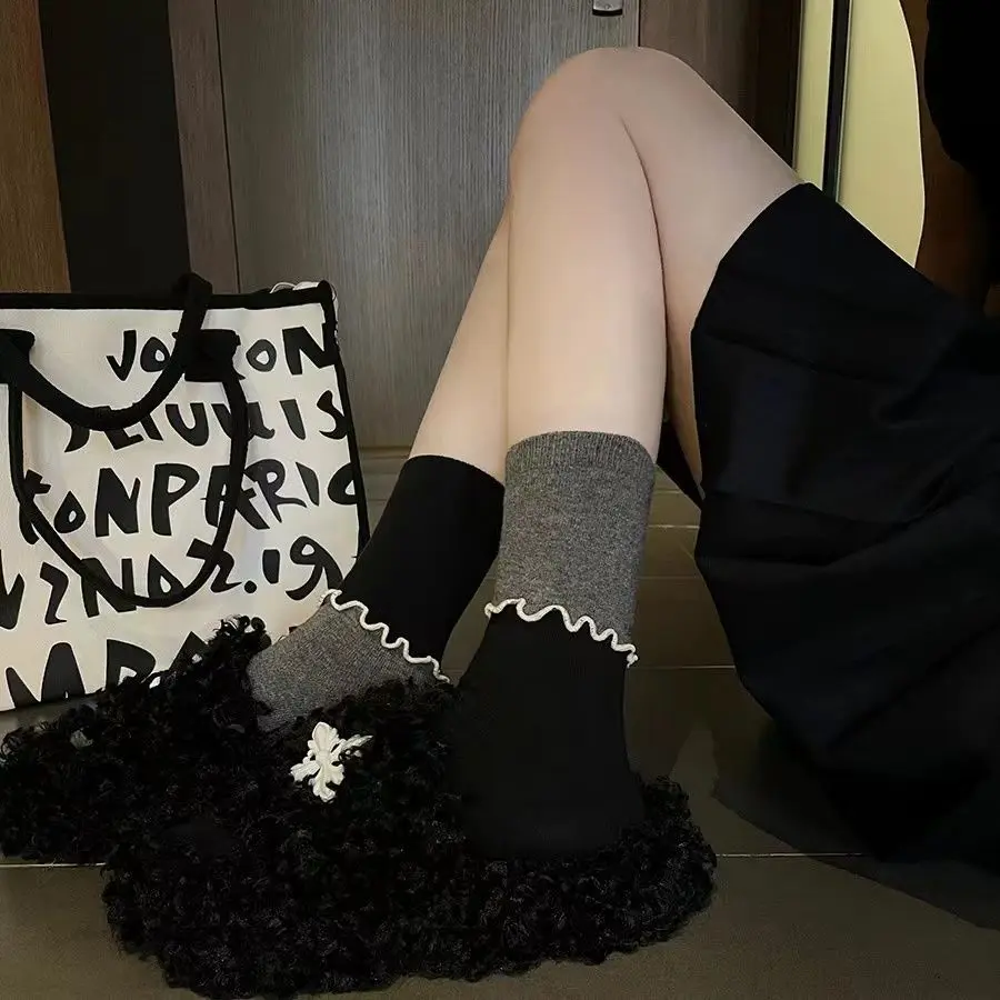 Contrast Color Curling Good-looking Color Matching Japanese JK Fashion Personality Design Dopamine Tube Socks Wooden Ear Pure Cotton Socks