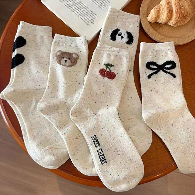 Tất Cao Cho Nữ, Màu Muối Và Hạt Tiêu, Họa Tiết GẤU CHERRY, Phong Cách Hàn Quốc 1