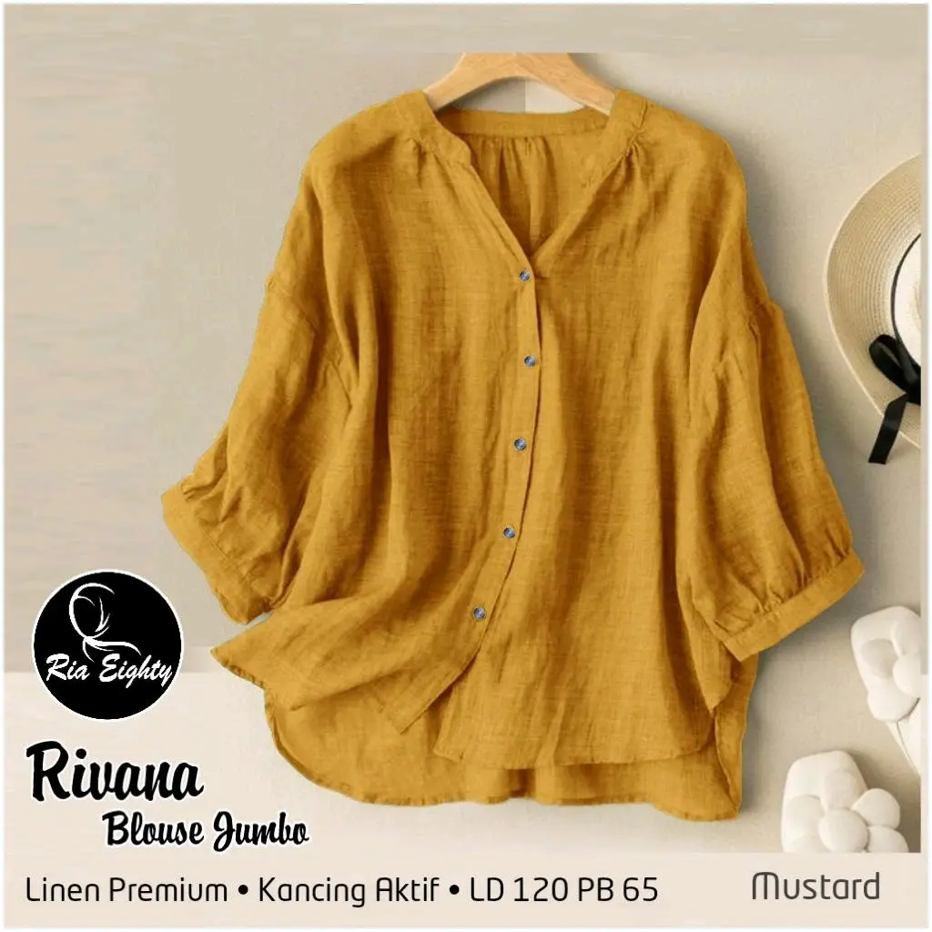 KEMEJA RIVANA Atasan Wanita Kerah Shanghai Lengan 3/4 Bahan Polo Linen Kancing Full Oversize