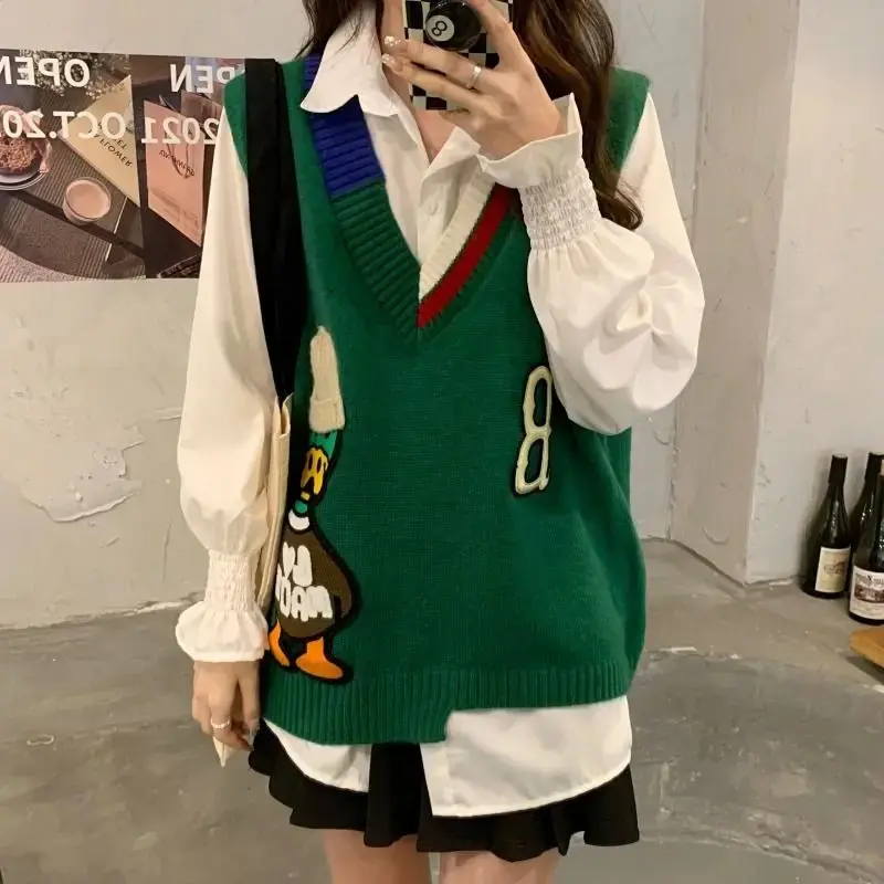Áo Ba Lỗ Dệt Kim, Thiết Kế Hoạt Hình, Dành Cho Nữ, Trang Phục Mùa Xuân Và Mùa Thu, Phong Cách Hàn Quốc, Dáng Rộng Vừa Vặn, Áo Len Cổ Chữ V, Bất Đối Xứng, Thời Trang, Áo Cánh Nhẹ, Quần Áo Nữ, Áo Nữ Women Top Voi 2