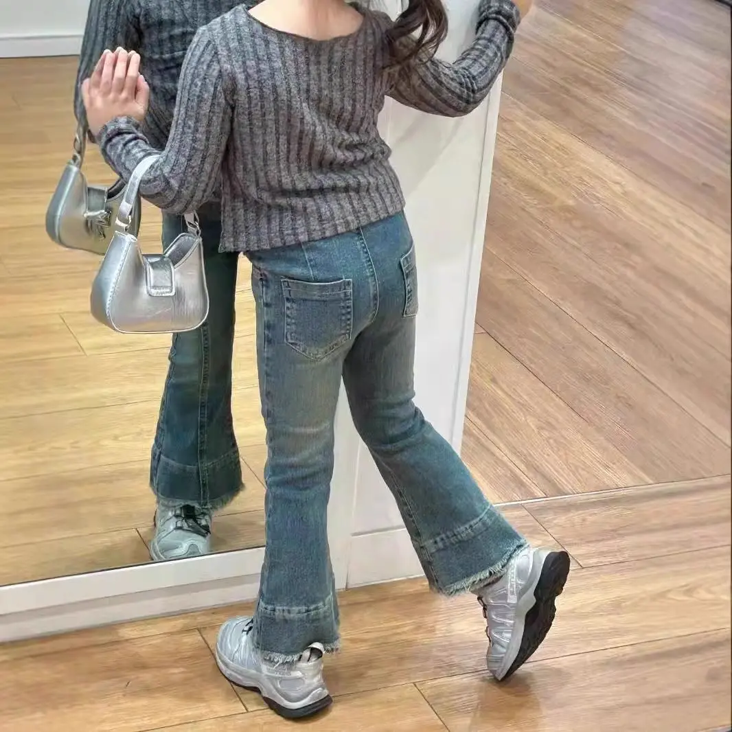 Quần Dài Denim Ống Loe, Cho Bé Gái, Phong Cách Phương Tây, Hàng Mới Về Mùa Thu 2024, Quần Trẻ Em, Dành Cho Bé Nữ, Dáng Ôm, Quần Ống Loe, Thời Trang Dễ Phối Đồ