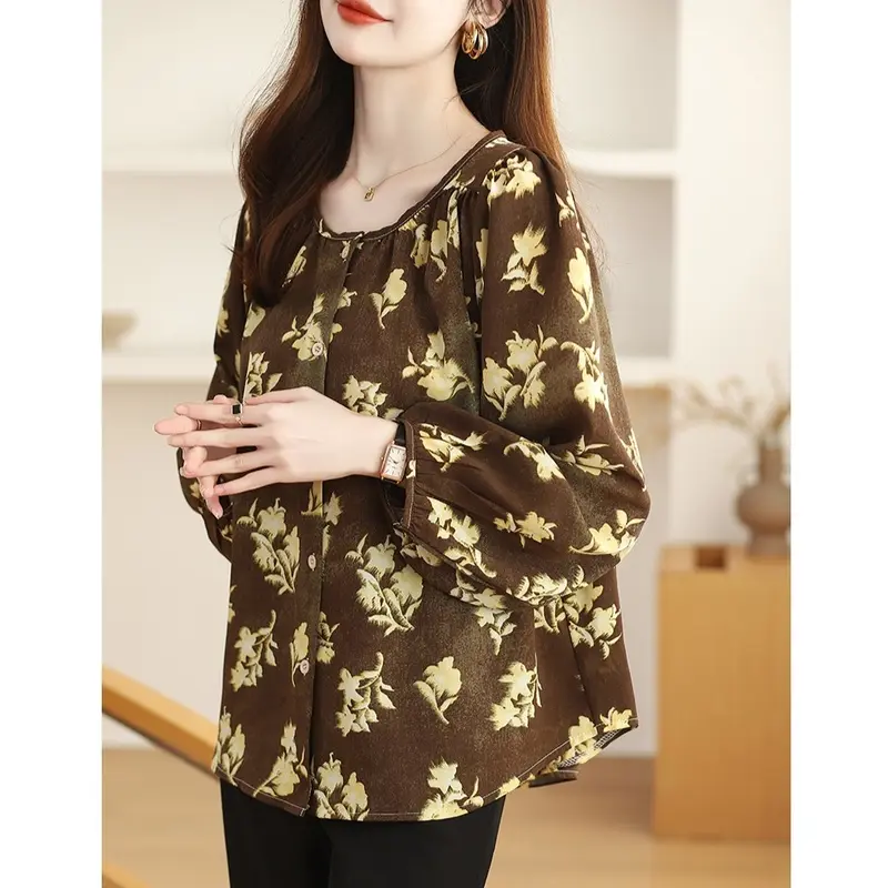 New Fashion High Quality Fabrics Loose 3/4 Sleeve Khaki Thailand Women Blouse Casual Travel Work Top Wanita Panjang Atasan 4