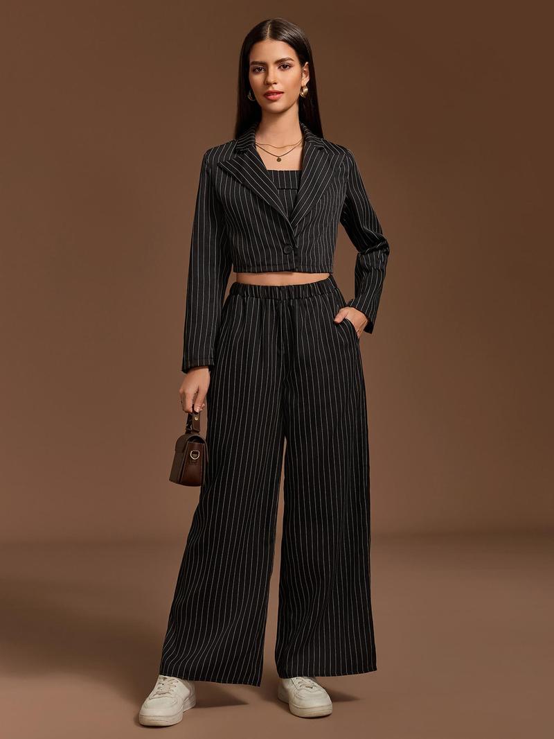 Product Introduction of YOZY Women's Striped Print Button Front Blazer & Cami Top & Elastic Waist Pants Set, Long Sleeve Lapel Neckline Outerwear & Sleeveless Top & Wide Leg Trousers, Casual Women's Three-piece Outfits for All Seasons, Valentine's Day Outfit 15