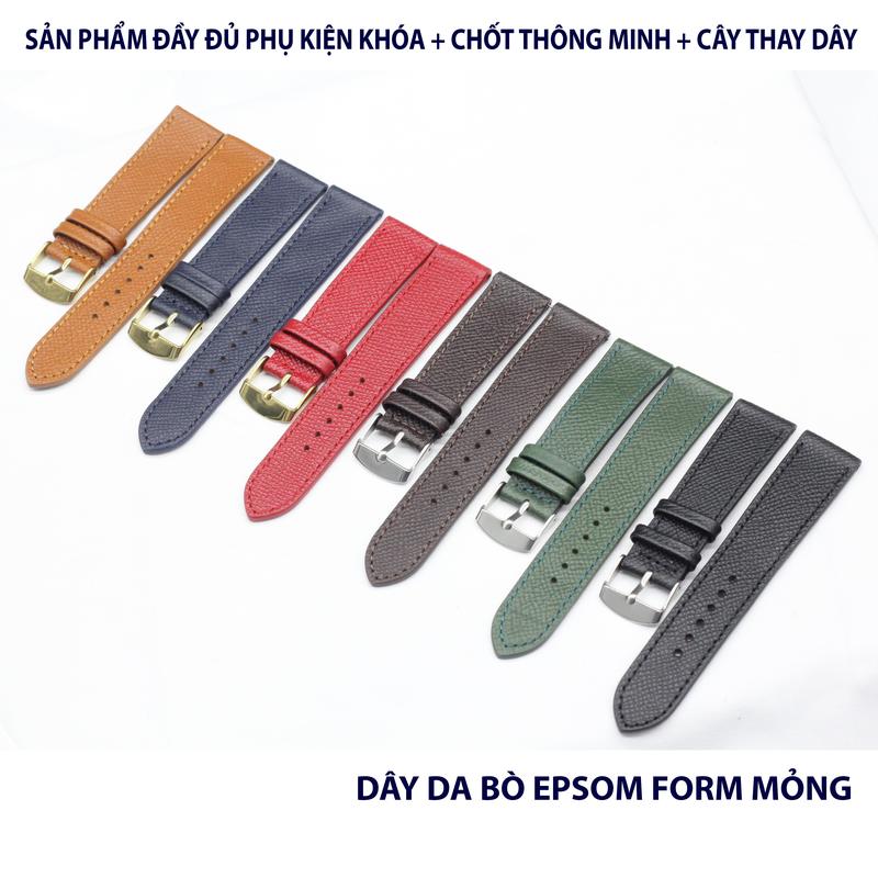 (FOM MỎNG) Dây Da EPSOM Nhiều Màu Nhiều Size, Dây Đồng Hồ da bò Nam Nữ  Kèm Khoá+Chốt+Cây Tháo Dây,BH 6 Tháng dây  đồng hồ dây  da 1
