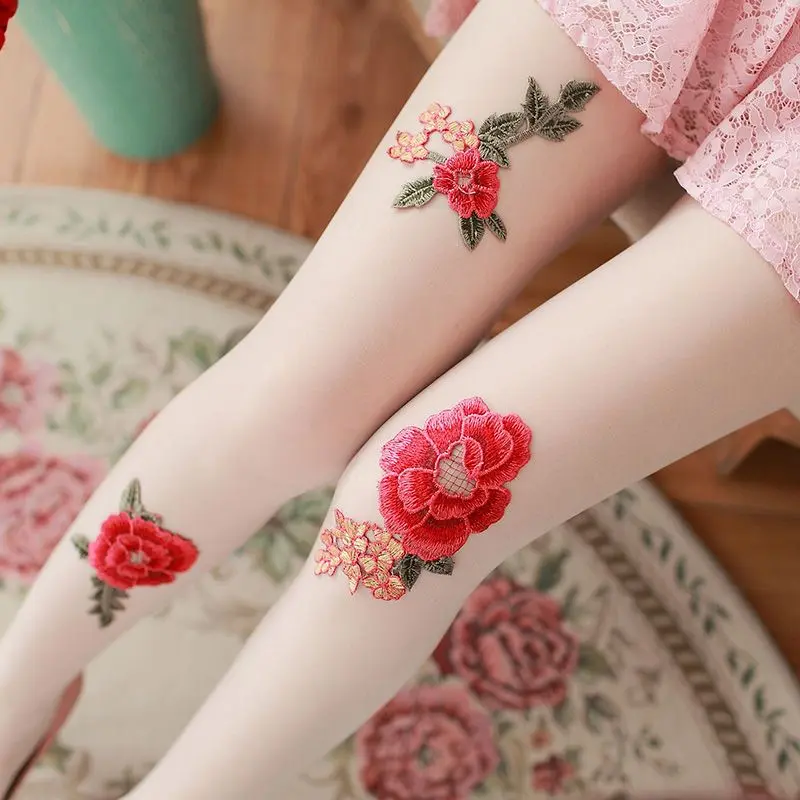 Tất Cổ Tích Thêu, Hoa Hồng Đỏ Mỏng, Quần Tất Gợi Cảm Cho Nữ, Tất Thêu, Hàng Mới Về