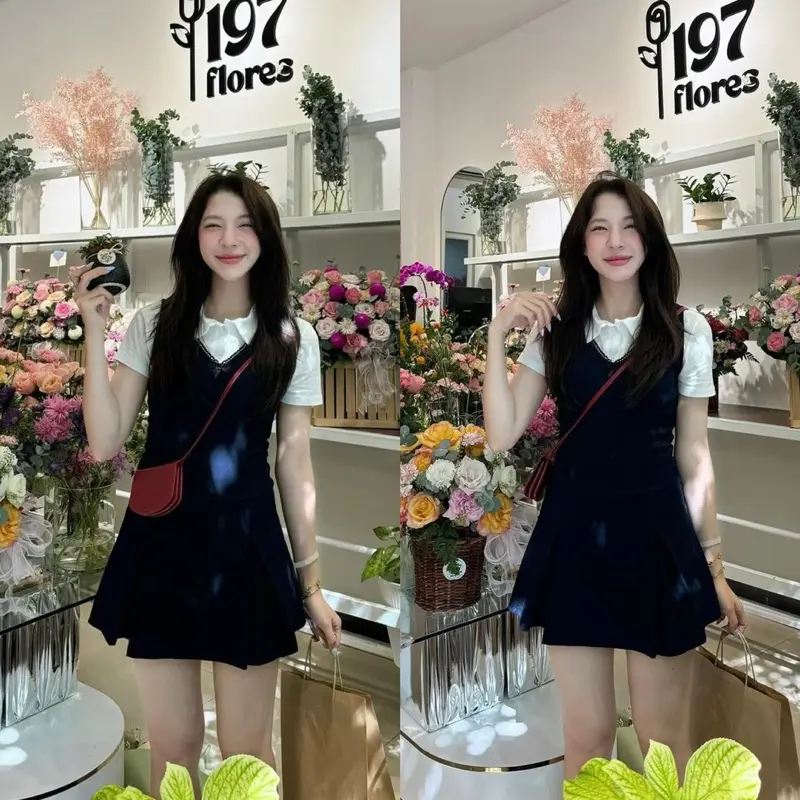 Set áo polo trắng mix yếm váy viền ren xanh than hàng 2 lớp siêu xinh (kèm ảnh thật)