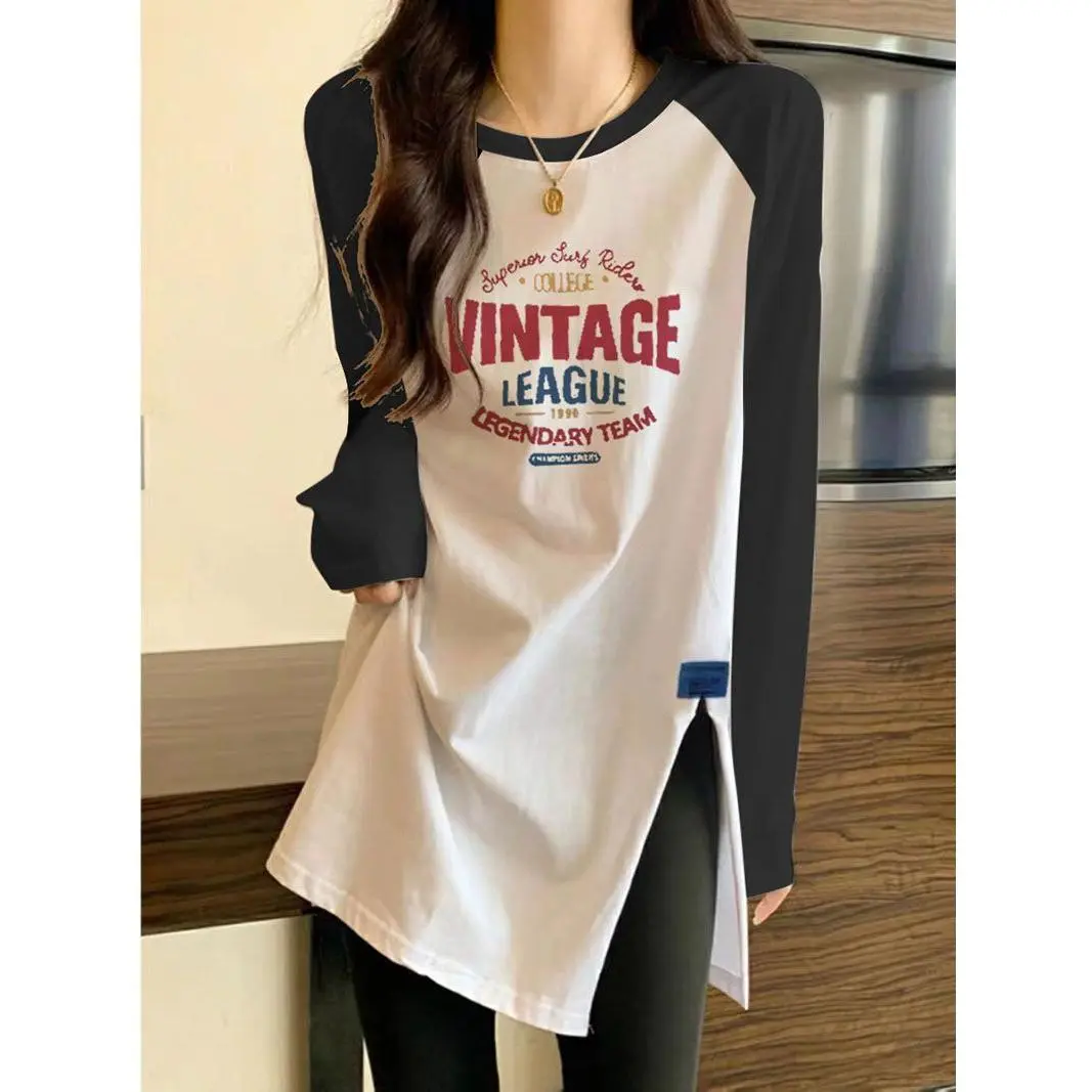 Black and White Color Contrast Long Sleeve T-shirt Women's Loose Mid-Length Cotton Bottoming Shirt
