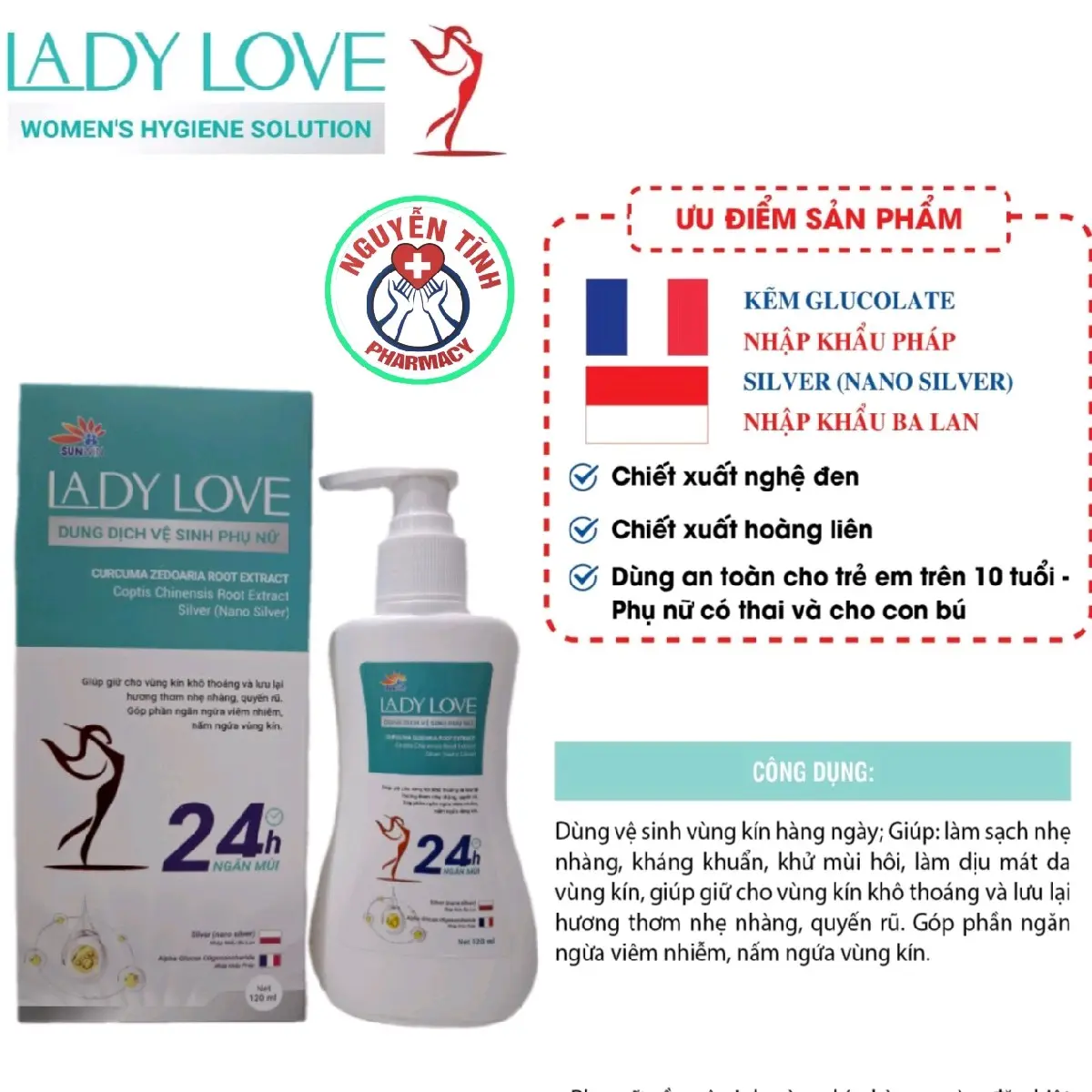 Dung dịch vệ sinh phụ nữ LADY LOVE 120ML có vòi hương thơm nhẹ nhàng quyến rũ ngăn mùi 24h, ngừa viêm nhiễm, huyết trắng