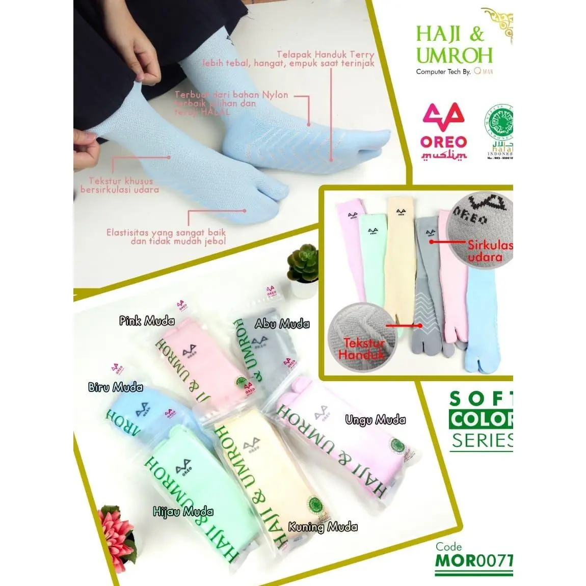 Kaos Kaki HALAL Haji Umroh Termurah Polos Hitam Putih Warna Hijab Muslim | OREO Socks | Kos Kaki