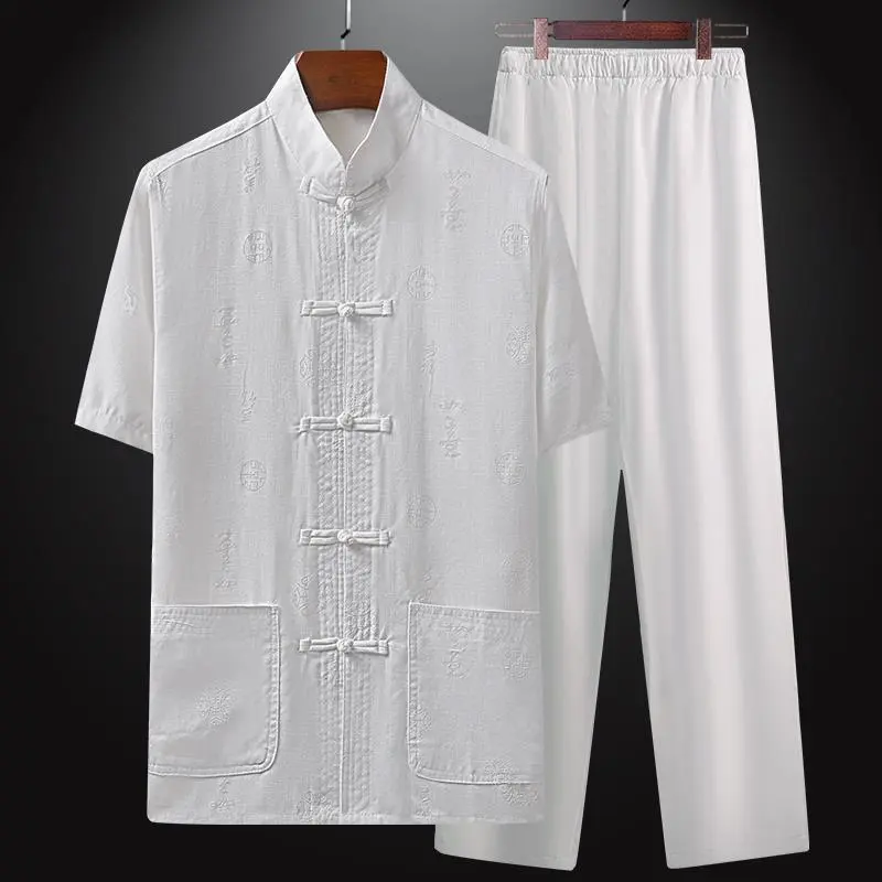 Bộ Đồ Mùa Hè, Phong Cách Trung Quốc, Cho Nam Trung Người Già Và Cao Tuổi, Chất Liệu Vải Lanh Và Cotton, ngắn Tay, Thích Hợp Cho Bố, Quần Áo Mỏng, Phong Cách Ông Già 2