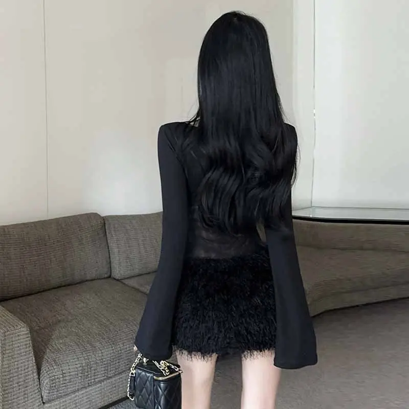 Váy Khối Màu Đen Cổ Vuông, Phong Cách Cô Gái Nóng Bỏng Quyến Rũ, Bó Sát Vừa Vặn, Khâu Lông Thú, Thiết Kế Nhún Eo 2