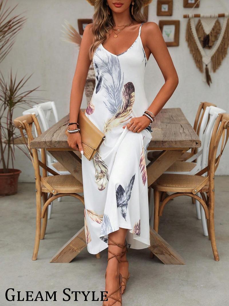 Product Introduction of Women's Floral Print Tie Shoulder Cami Dress, Boho Sleeveless Spaghetti Strap Long Dress for Beach Holiday Vacation, Ladies Summer Clothes 3