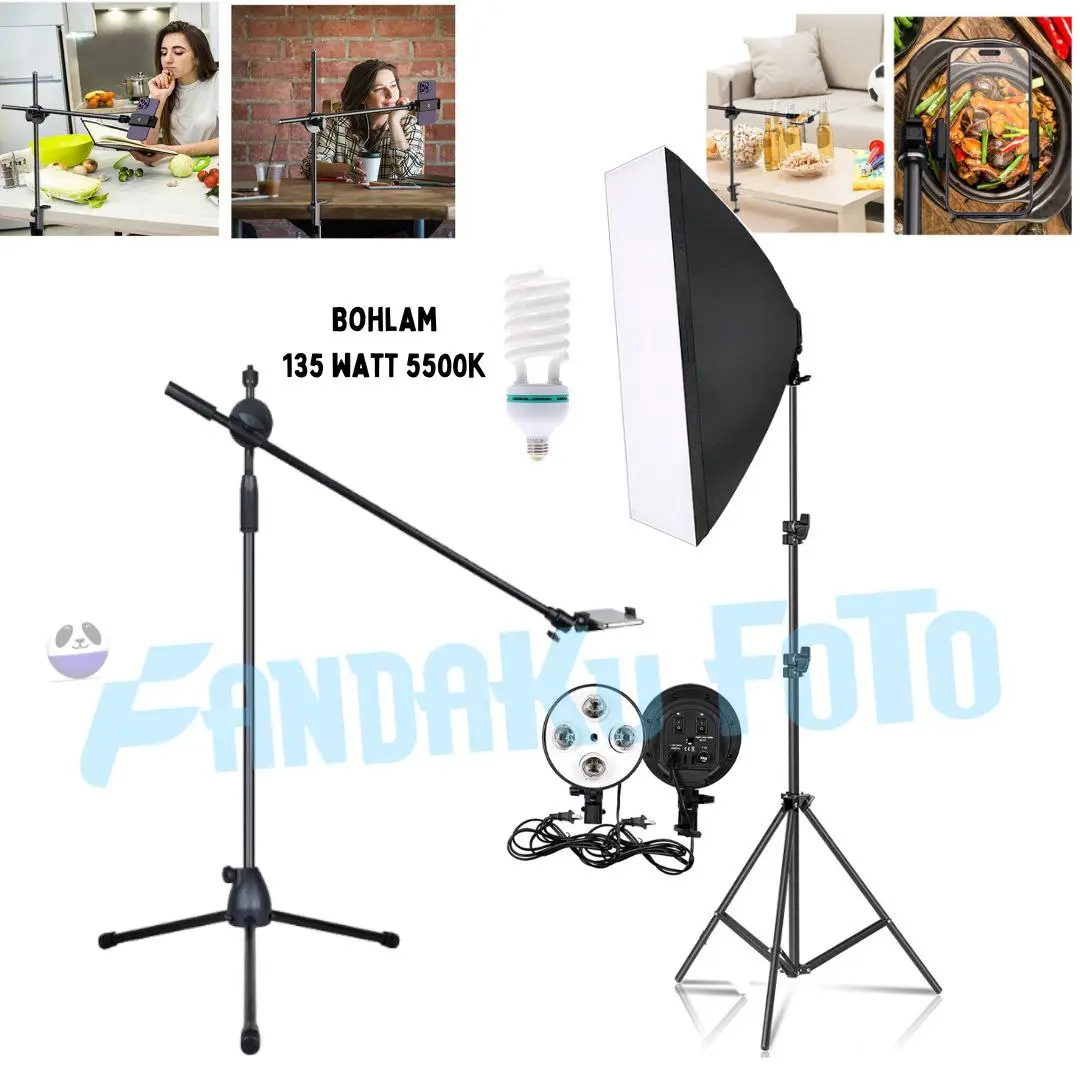 Softbox 4 socket lampu dan tripod stand hp datar