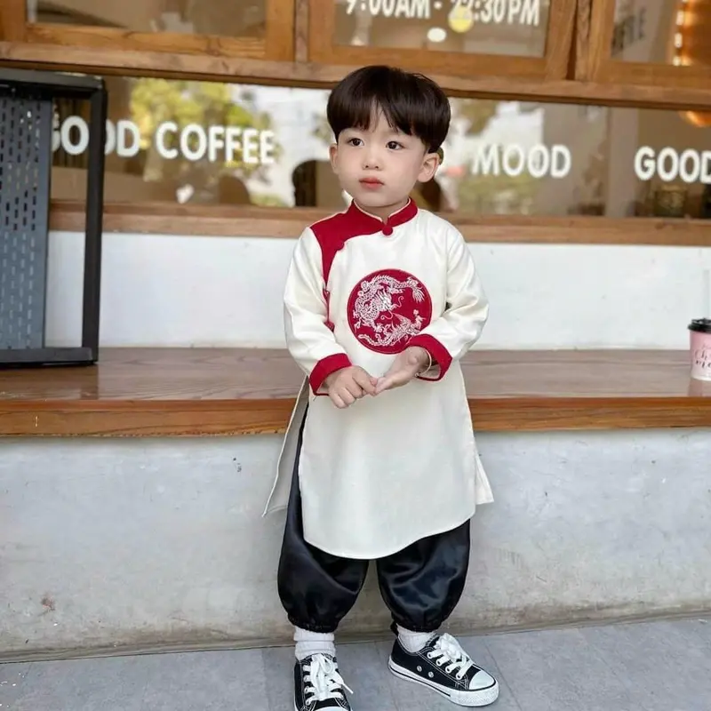 Áo Dài Cách Tân Cho Bé Trai Kèm Quần Chất Nhung Lì có Khánh Đeo Từ 8kg Đến 28kg 8