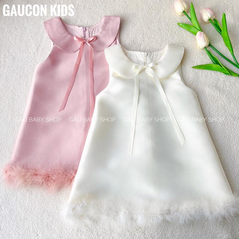  Váy Tiểu Thư Sang Chảnh đính lông cho bé gái đi tiệc tặng kèm bờm ngọc trai điệu đà cho bé 8-30kg - V140 