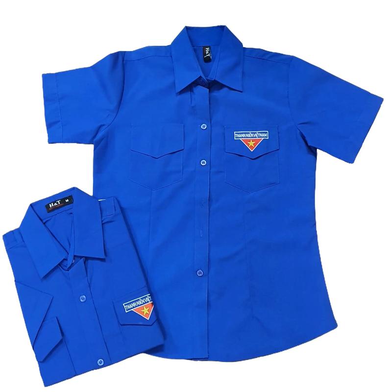 ĐOÀN-TN Áo sơ mi đoàn thanh niên logo thêu TAY NGĂN Hàng cao cấp Nam Có Cổ Menswear