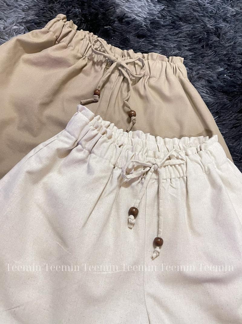 Product Introduction of Áo ghile thắt nơ đính hạt linen, quần đùi lưng chun chất linen dày dặn cao cấp TEEMIN 1