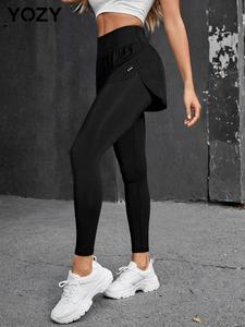 YOZY-GOOO Women's 2 in 1 High Waist Sports Leggings, Comfy Breathable Pocket Split Yoga Pants, Ladies Sportswear Bottom for Workout Gym