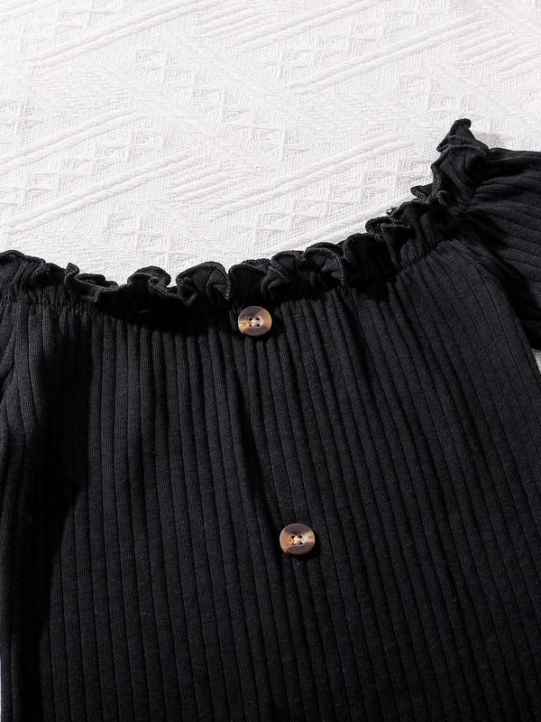 Girl's Solid Lettuce Trim Frill Trim Off Shoulder Ribbed Dress, Casual Fake Buttons  Dress for Summer, Kids Clothes for Daily Wear 6