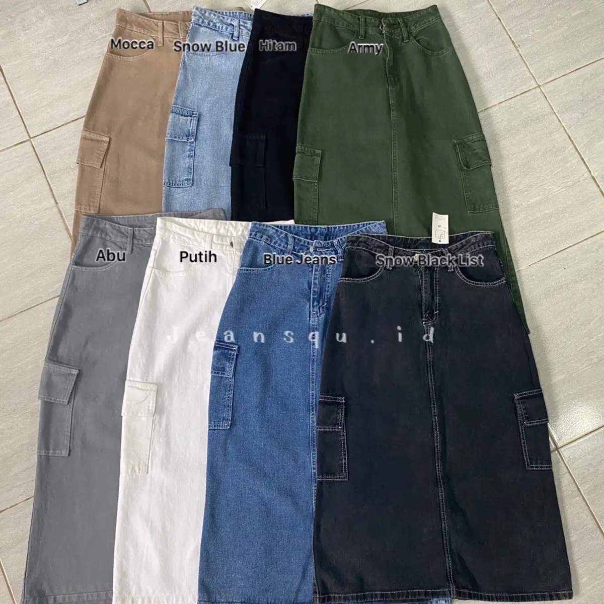 Rok Cargo Jeans Wanita Warna Abu / Skirt Jeans Cargo Panjang Hijab Friendly Span