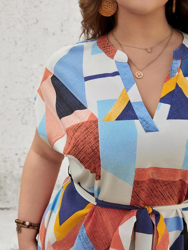 CURVZY Plus Size Geometric Print Notched Neck Belted Dress, Elegant Short Sleeve Dress for Summer, Women's Plus Clothing for Daily Wear 5