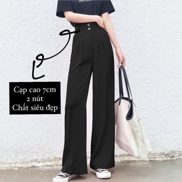 Quần ống rộng nữ lưng cao 2 khuy mới dài 100cm cạp 7cm cao dáng quần ống suông đi học công sở biển cá tính vải đen mềm 6