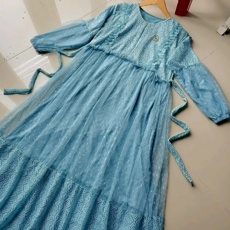 GAMIS BROKAT MALIKA/GAMIS ZULFA/GAMIS MURAH/GAMIS PESTA/GAMIS LEBARAN/ GAMIS Putih Karet Motif Karet Motif Twill Weave Blue daisha dress Muslim Dewasa Mewah Wanita Ruffle Gaun 4