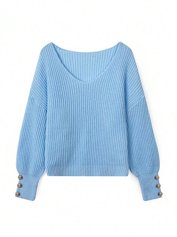 Women's Plain Fake Buttons Drop Shoulder Sweater, Elegant Casual Long Sleeve V Neck Jumper for Fall & Winter, Ladies' Knitwear for Daily Wear 2
