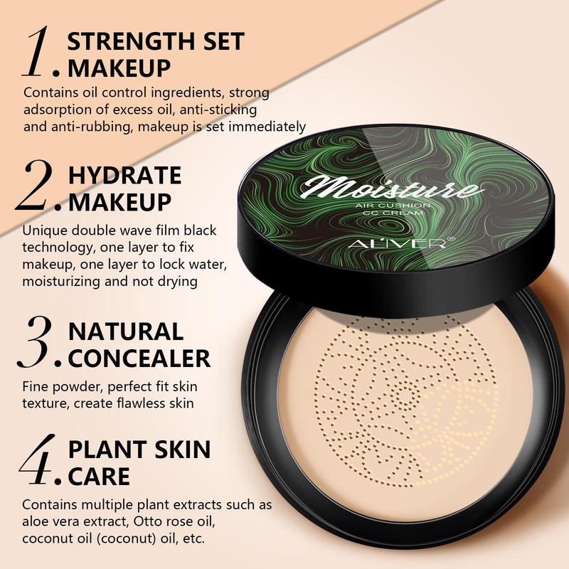 Moisturizing CC Cream with 2 Mushroom Head Powder Brush, 2 Counts/set Natural Long Lasting Makeup Foundation, Facial Makeup Product for Women 3