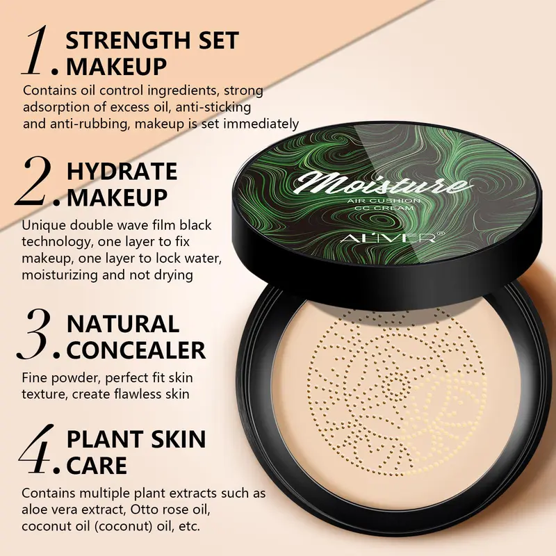 Moisturizing CC Cream with 2 Mushroom Head Powder Brush, 2 Counts/set Natural Long Lasting Makeup Foundation, Facial Makeup Product for Women 3