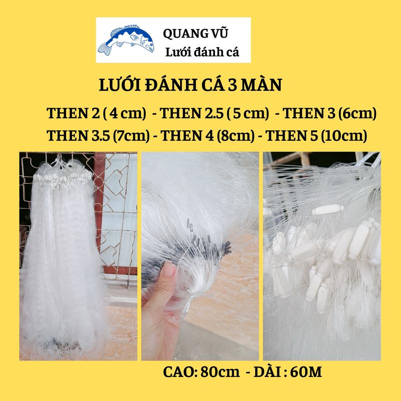 Lưới đánh cá 3 màn (màng) bắt cá diếc, rô phi, trắm, chép Cao 75-80cm then 2, 3, 4, 5 giăng thả cá ở sông hồ ao suối Đi Câu Fishing Câu Cá Đồng Fish Nam Lure 3