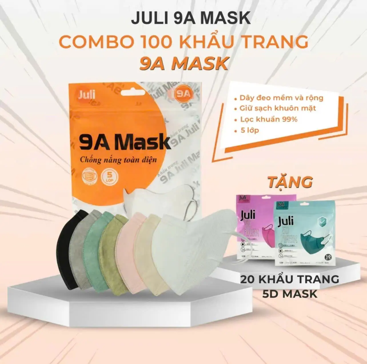 [ Combo 100C tặng 20C ] Khẩu trang 9A JULI MASK - Khẩu trang 5 lớp, siêu chống nắng, chống tia UV cực tốt