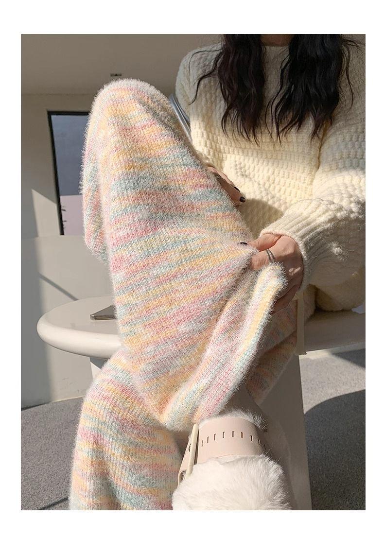 Product Introduction of Rainbow Color Glutinous Rice Pants Women's Autumn and Winter 2023 New High Waist Drooping Soft Glutinous Wide-Leg Pants Casual Knitted Fleece Padded Pants 25