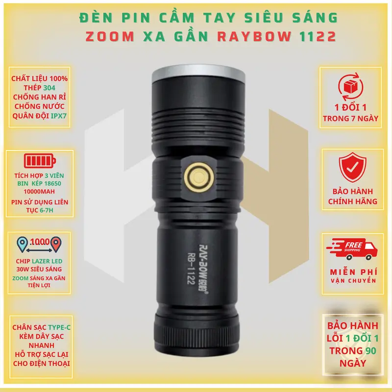 [BH-3 Tháng] Đèn pin cầm tay siêu sáng RAY BOW 1122 chiếu xa 600-1000 mét có ZOOM xa gần chống nước sạc ngược cho điện thoại HP-027 đèn  pin 0