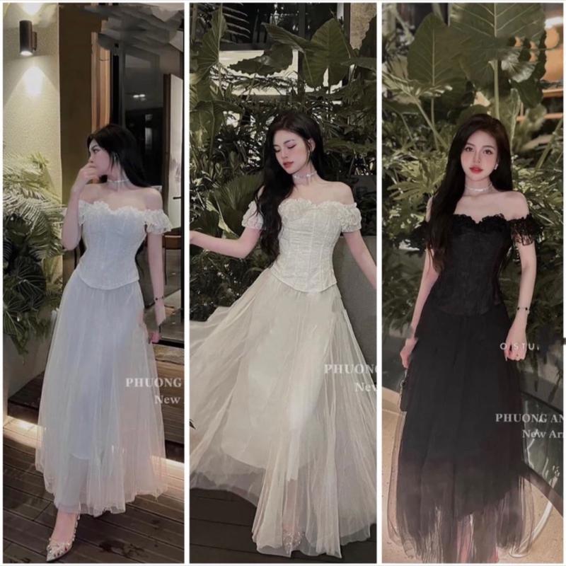 S011 - Set áo GẤM TRỄ VAI + chân váy lưới xoè DÀI