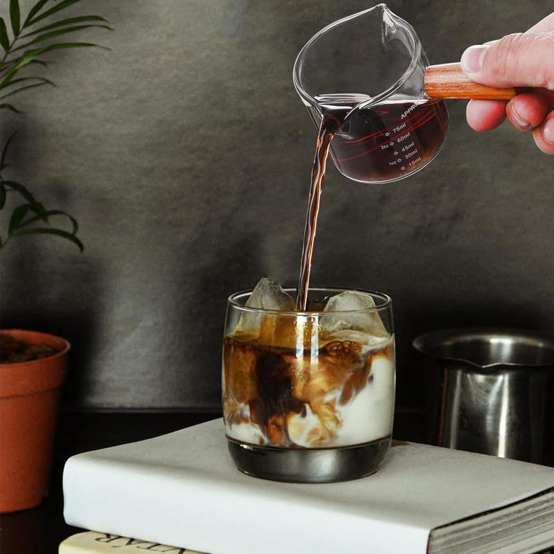 Product Introduction of 1/2pcs 100ML Double Spout Coffee Milk Glass Pot with Wood Handle Cute Measuring Frothing Pitcher Latte Cup for Barista Coffee Making 7